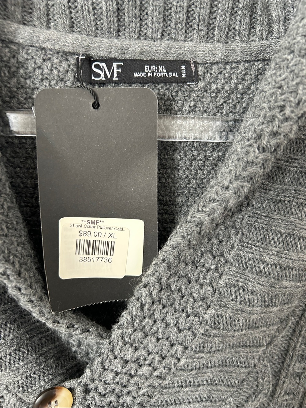 SMF - Shawl Collar Pullover Cable Knit Sweater, Men's XL, Gray, NWT - Picture 2 of 8